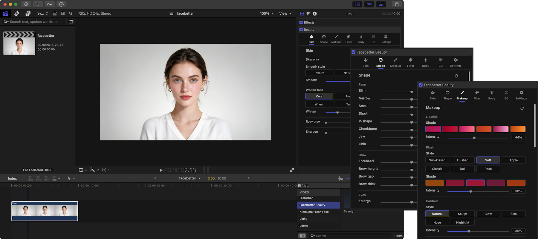 Facebetter beauty effects on the video editing timeline