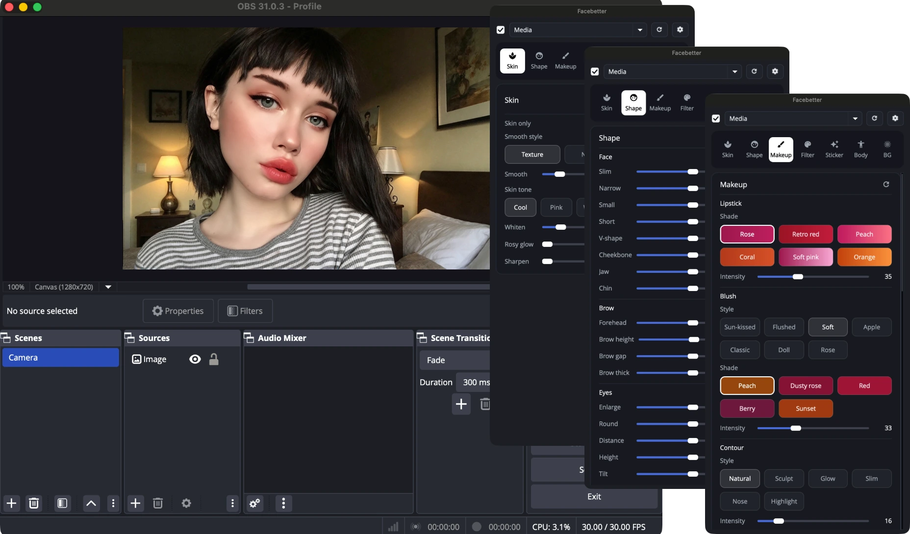 OBS Studio 与 Facebetter 插件精修面板